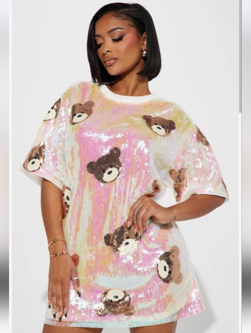 NWT Fashion Nova Pink Multicolor Sequin Bear Short Sleeve Tee Dress